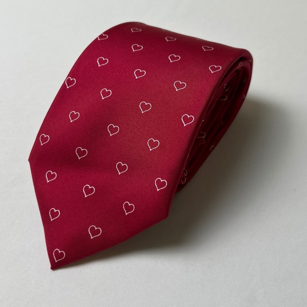 Lands End Mens Heart Print Silk Handsewn Necktie Regular Red Formal Love Wedding